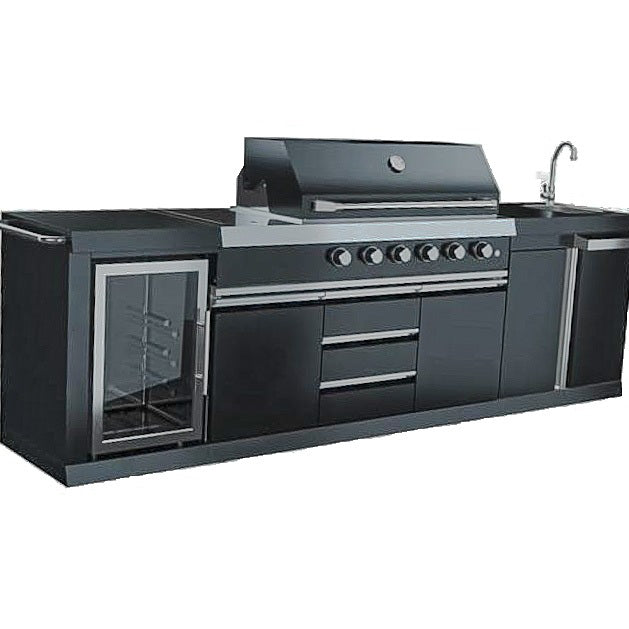 10 Ft Modular BBQ Island Black Stainless Steel with Grill Refrigerator Sink Propane Natural Gas