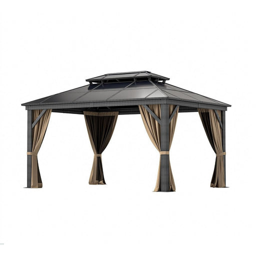 10 x 12 Ft Gazebo Polycarbonate Hardtop Double Roof with Netting Curtains Aluminum Frame