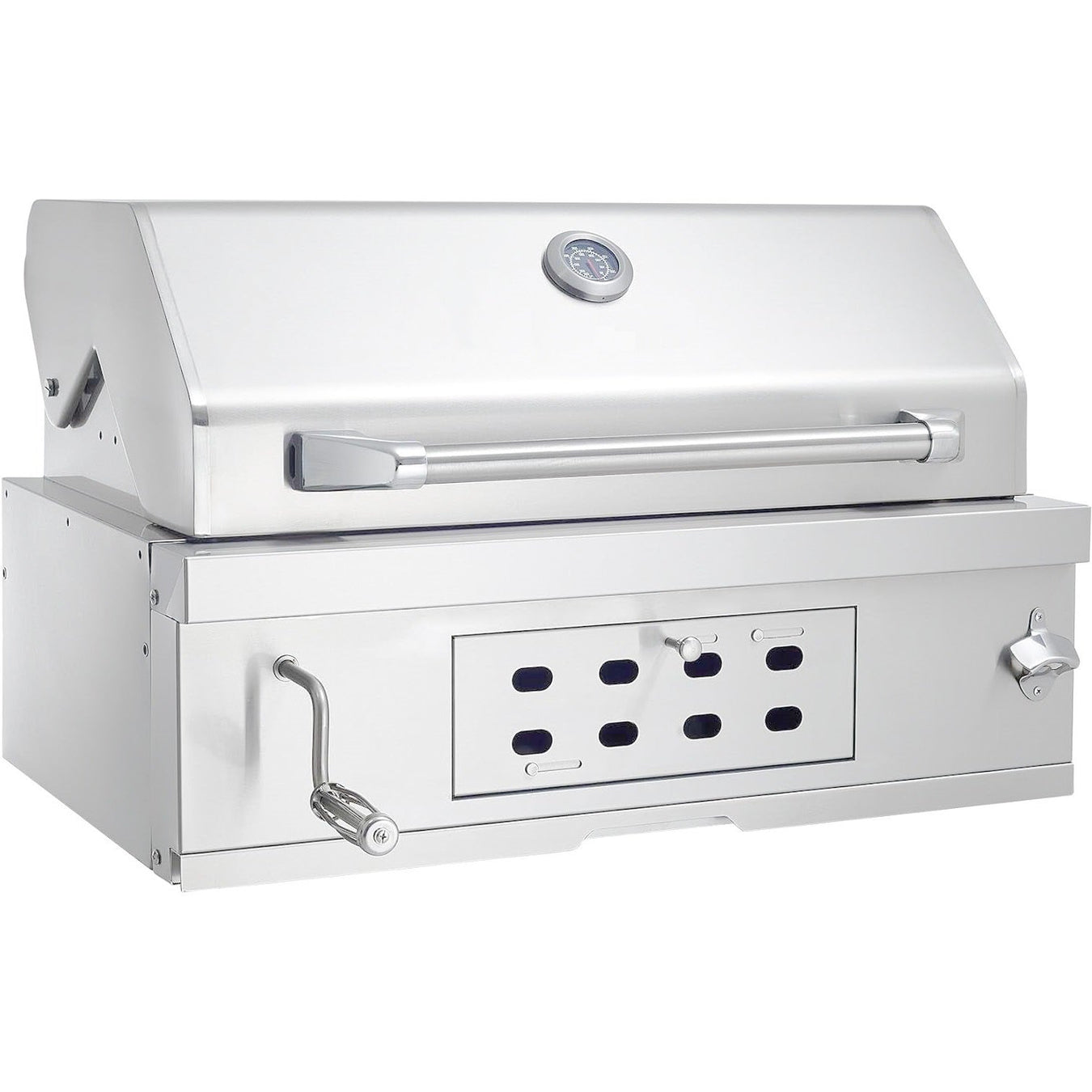28 Inch Built In Charcoal Grill with Liftable Tray Insulated Hood Temp Gauge Stainless Steel with Rain Cover