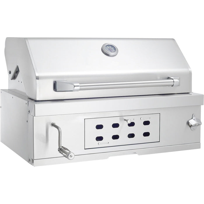 28 Inch Built In Charcoal Grill with Liftable Tray Insulated Hood Temp Gauge Stainless Steel with Rain Cover