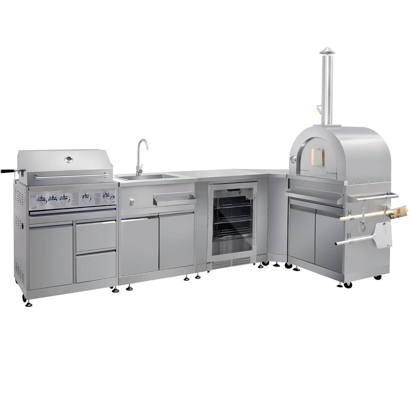 L Shape BBQ Island 32 Inch 4 Burner Gas Grill with Fridge Pizza Oven Sink Corner Cabinet