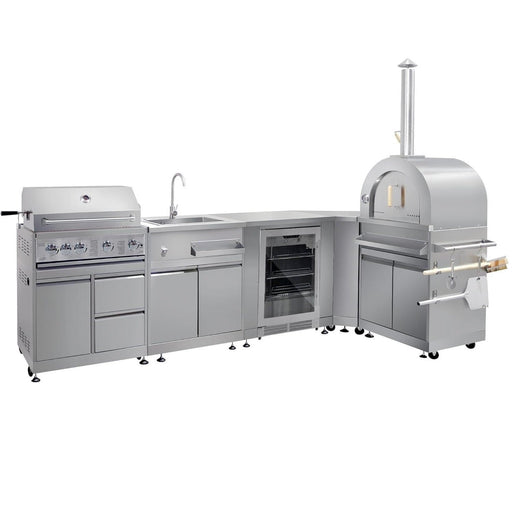 L Shape BBQ Island 32 Inch 4 Burner Gas Grill with Fridge Pizza Oven Sink Corner Cabinet