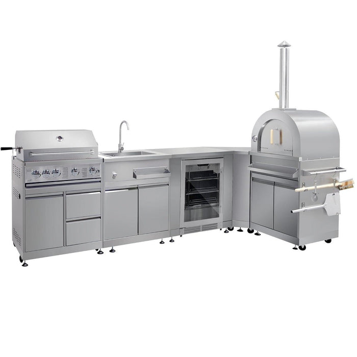 L Shape BBQ Island 32 Inch 4 Burner Gas Grill with Fridge Pizza Oven Sink Corner Cabinet
